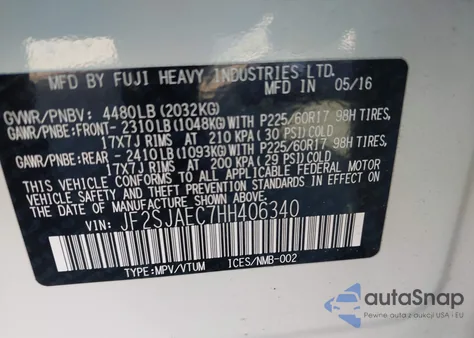 2017 Subaru Forester 2.5I Premium z USA, uszkodzony, nr VIN JF2SJAEC7HH406340